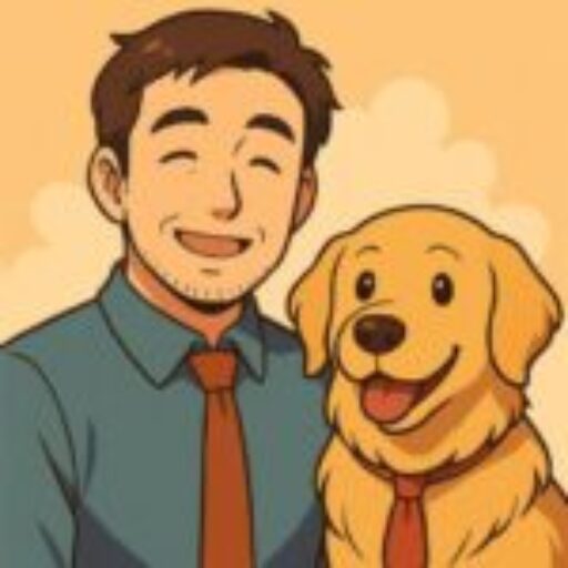 スーツを着た着た笑顔の男性とネクタイを付けた盲導犬