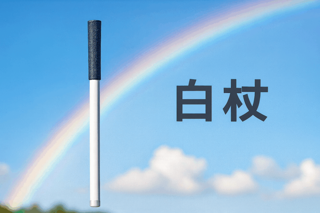 虹の架かった青空の前に立てられた白杖