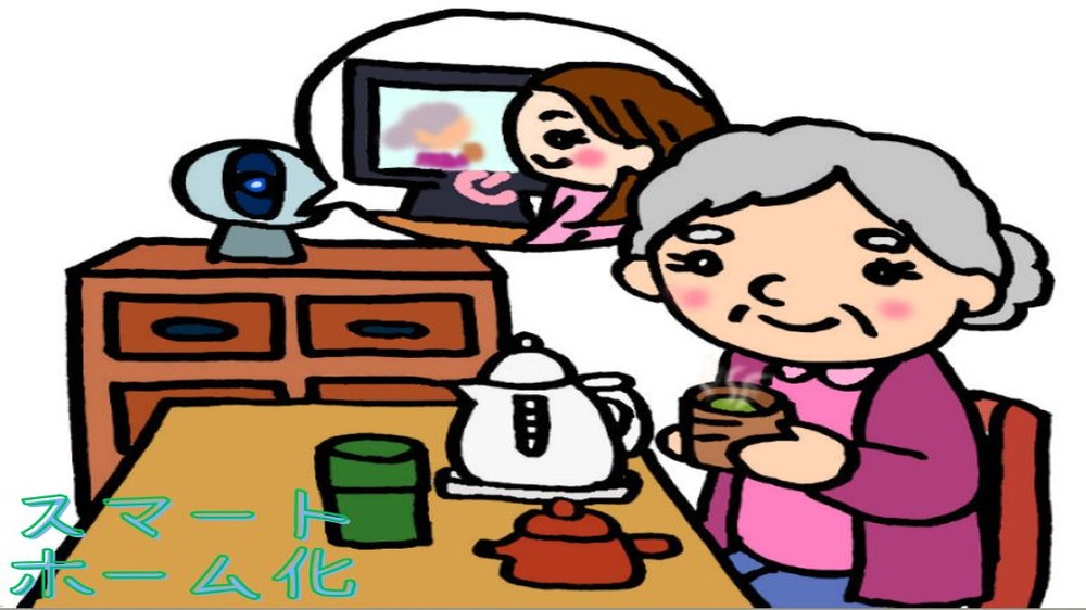 スマートホーム化した自宅に住む、高齢な母親の様子を見る家族