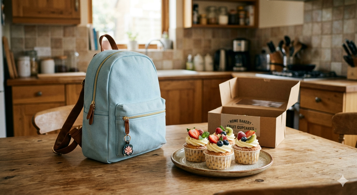 キッチンにある木目調のダイニングテーブルの上に、水色のリュックとフルーツとクリームたっぷりのケーキが置いてある様子